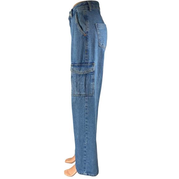 Zara Women's Blue High Waisted Straight Wide Leg Cargo Denim Jeans Pants Size 2 - Picture 2 of 5